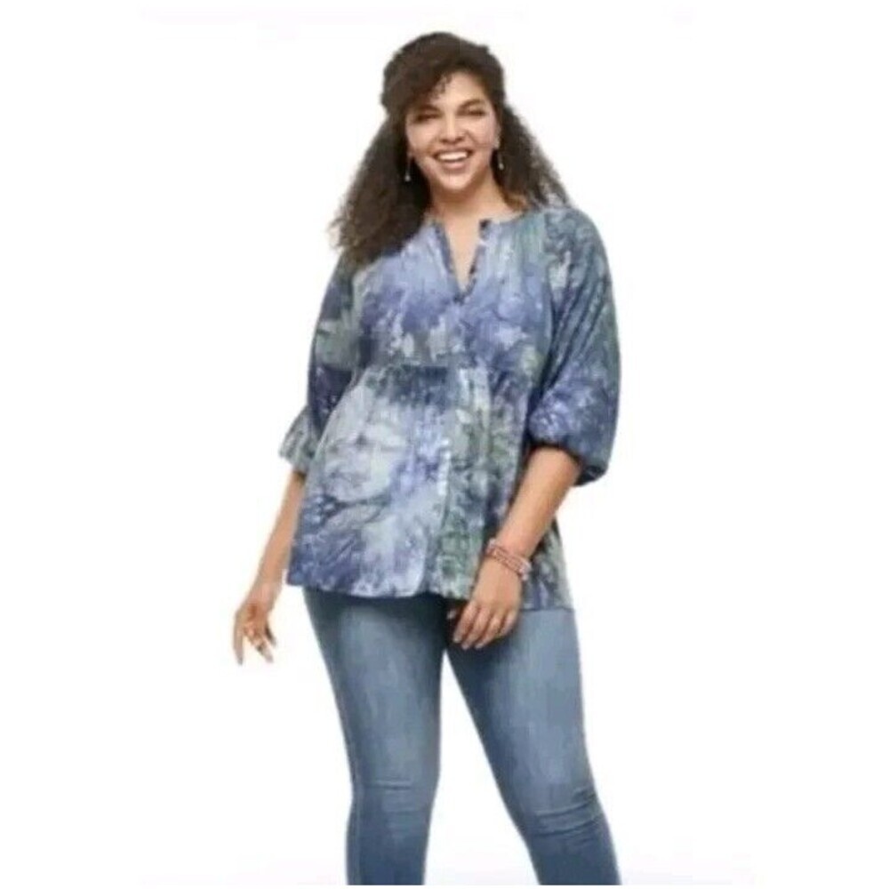 CAbi Woodstock Blue Green Tie Dye Oversized Peasant Button Down Blouse Size XXS
